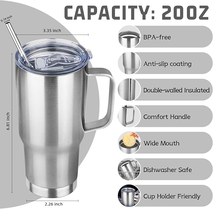 20 oz Tumbler with Handle Stainless Steel Insulated Coffee Mug Tumbler with Lid and Straw Double Wall Vacuum Insulated Coffee Mug Leak Proof Travel Mug Tumbler for Hot and Cold Drink (Silver,4pack)