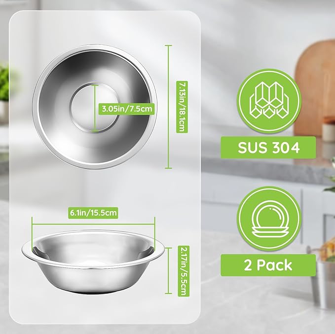 304(18/8) Stainless Steel Mixing Bowls for Kitchen, 2 Pack 7" 21.22 fl.oz Metal Mixing Bowls Set Stackable for Baking Serving Cooking Food Prep Storage Dishwasher Safe Lightweight