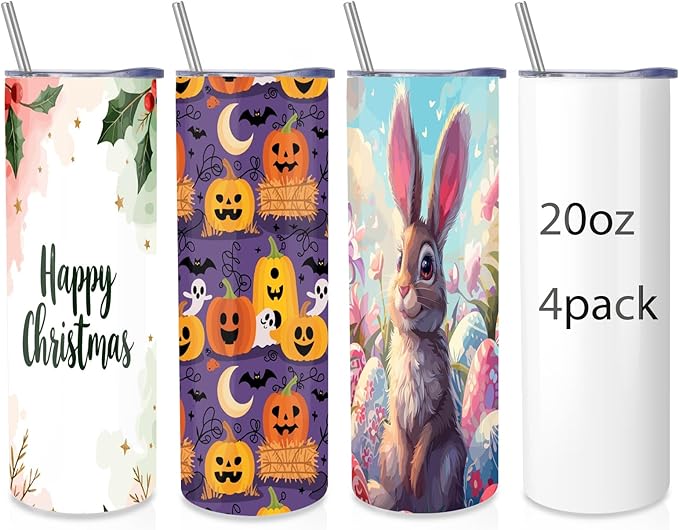 Volhoply 4 Pack Skinny Sublimation Tumblers with Lid and Straw, 20oz Stainless Steel Straight Tumbler Bulk, Vacuum Insulated Coffee Mug for Home, Office, Travel, DIY (Sublimation,4 Pack)