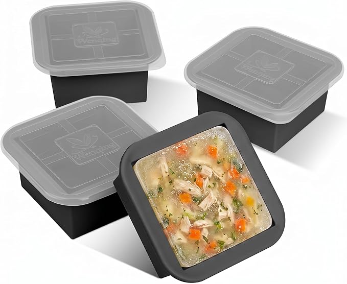 Silicone Freezer Tray with Lid 4 Pack Silicone Freezer Molds Ice Cube Tray Makes 4 Perfect 2 Cup Portions Soup Cubes Meal Prep Containers- Oven & Dishwasher Safe