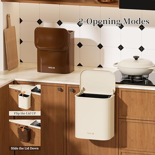 Space Saving Hanging Small Trash Can for Kitchen Cabinet, Bathroom or Office (White，2.1 Gallon (8L))