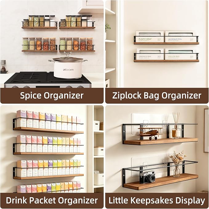 Spice Rack Self-Adhesive or drilling, Rustic Style Hanging Spice Rack, Spice Organization for Cabinet Door or Wall Mount, Over The Stove, Kitchen Wall, 2-Pack