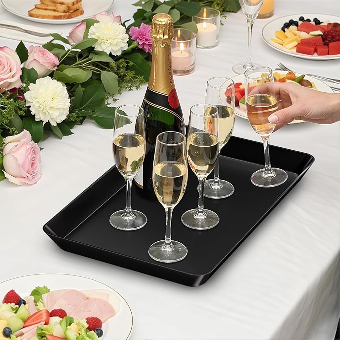 SpaceTrove 8-Pack Serving Tray Set, Reusable Plastic Serving Platter for Party Supplies, Entertaining, Grilling Accessories, Stackable Kitchen Snack Container for Dessert, Fruit, Cookie, (Black)