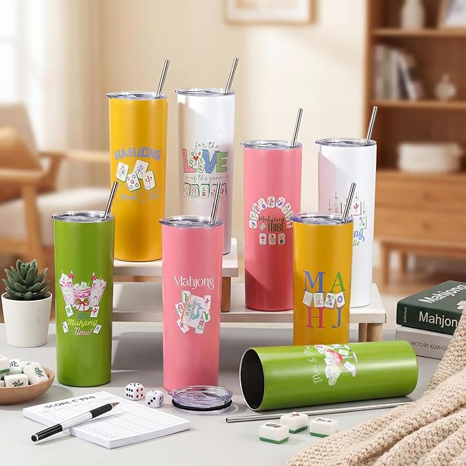Patelai 8 Pack Mahjong Gifts for Women Men, 20 oz Mahjong Tumblers with Lid and Straw Mah Jong Stainless Steel Insulated Sublimation Cups for Mah Jong Lovers Birthday Party Favors Gifts