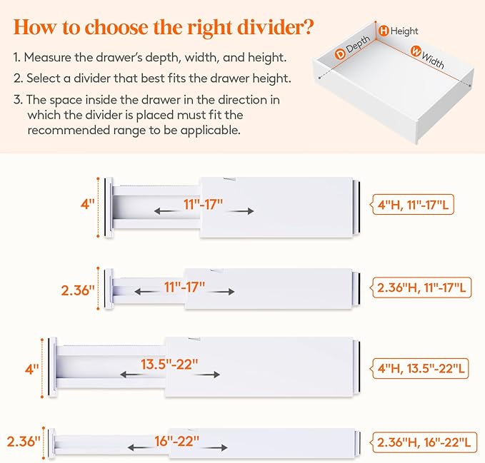 Lifewit 5 Pack 4" High Drawer Dividers 28-43.5cm/11-17" Adjustable Drawer Organizer for Clothes/Utensils, Expandable Drawer Separator in Dresser/Kitchen/Bedroom/Office Organization & Storage White
