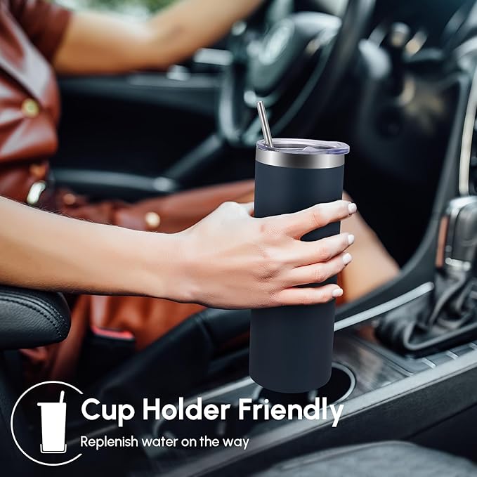 Volhoply 4 Pack Skinny Tumblers with Lid and Straw, 20oz Stainless Steel Straight Tumbler Bulk, Vacuum Insulated Coffee Mug for Home, Office, Travel, DIY (Navy,4 Pack)