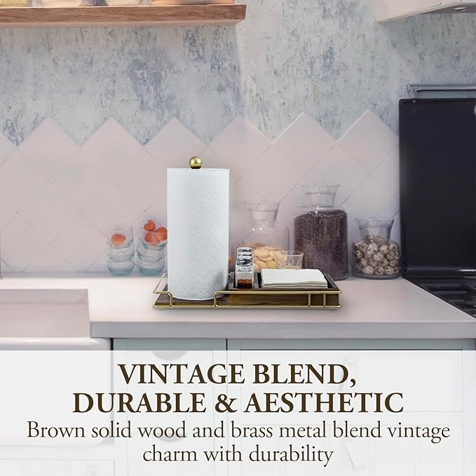 MyGift Rustic Kitchen and Dining Combo Caddy - Brown Wood and Brass Metal Paper Towel Roll Dispenser Stand, Napkin Holder, Spice Rack with 3 Shakers
