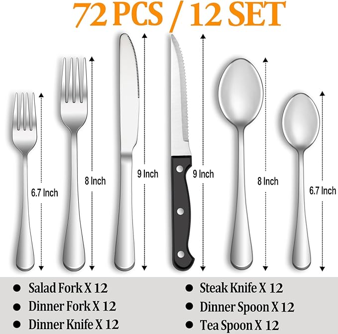 72 Pcs Silverware Set with Steak Knives Service for 12,Stainless Steel Flatware Set,Mirror Polished Cutlery Utensil Set,Home Kitchen Eating Tableware Set,Include Fork Knife Spoon Set,Dishwasher Safe