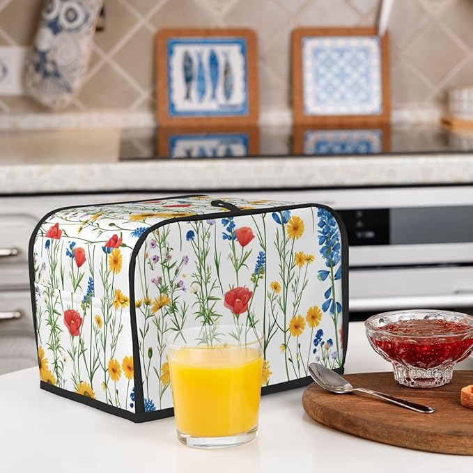 Summer Wildflower Toaster Cover 2 Slice, Cute Rural Bread Machine Cover, Washable Dust-Proof Cover for Kitchen Small Appliance Cover,with Top Handle