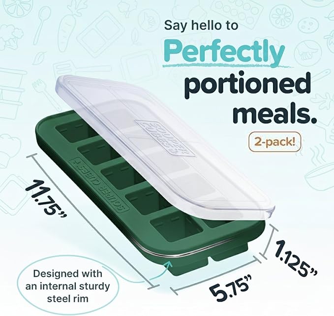 Souper Cubes 2 Tbsp. Silicone Freezer Molds - Perfect for Storing Garlic, Herbs, Ginger, Pesto, Tomato Paste, Lemon Juice, Purees and More - Kale – 2-Pack