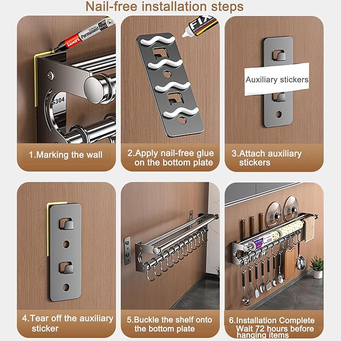 Hanging Wall Mount Knife Wall Mount,Kitchen Utensil Hanger,Space-Saving Kitchen Utensil Rack with Hooks,Kitchen Storage Shelf for Utensils Spatula Spoon, Easy to Clean (Silver, 50CM+10Hook)