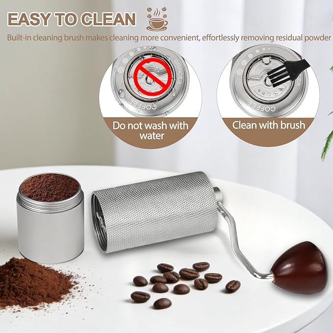 Non-Detachable Manual Coffee Grinder with 25 Level Stainless Steel Conical Burr Portable Aluminum Coffee Bean Grinder Gift Set Suitable for Moka Pot Espresso Pour Over Easy Cleaning with Brush