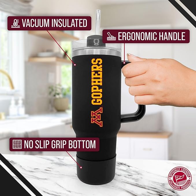 Campus Colors College & University 40 oz Travel Tumbler With Handle - Dual Option Lid With Straw - Vacuum Insulated Stainless Steel (Minnesota Golden Gophers - Black)