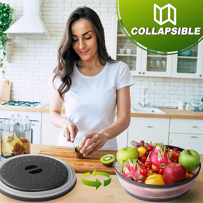 12"&10" Microwave food Cover and Mat,Large Vented Collapsible Splatter Guard dish Plate lid & Silicone Round Kitchen mat,4 in 1