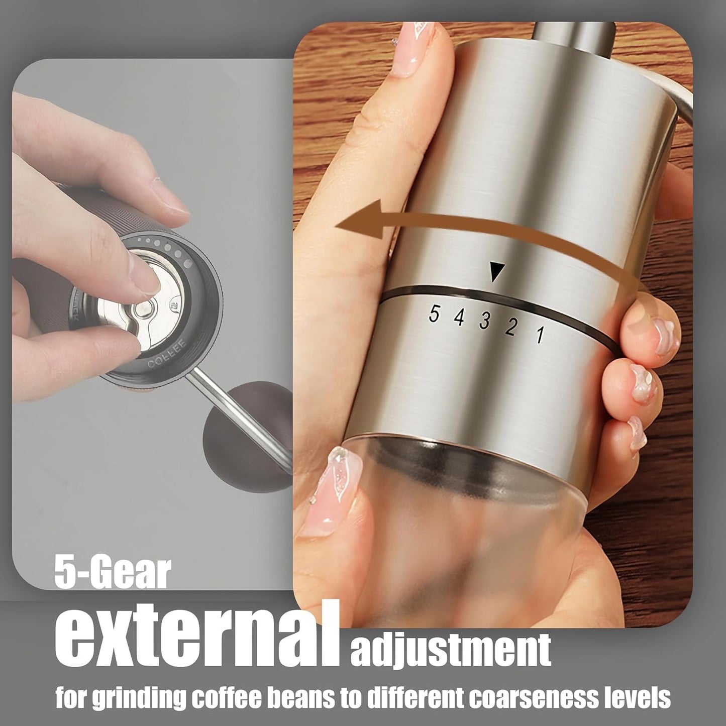 Portable Manual Coffee Grinder - Conical Burr with 5 Adjustable Settings for Smooth Grinding, Perfect for Espresso Enthusiasts at Home, Office, or Camping