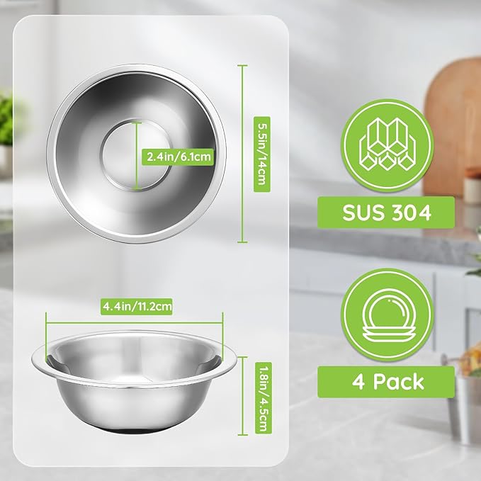 304(18/8) Stainless Steel Mixing Bowls for Kitchen, 4 Pack 5.5" Small Metal Mixing Cooking Bowls Set Stackable for Baking Serving Cooking Food Prep Storage Dishwasher Safe Lightweight