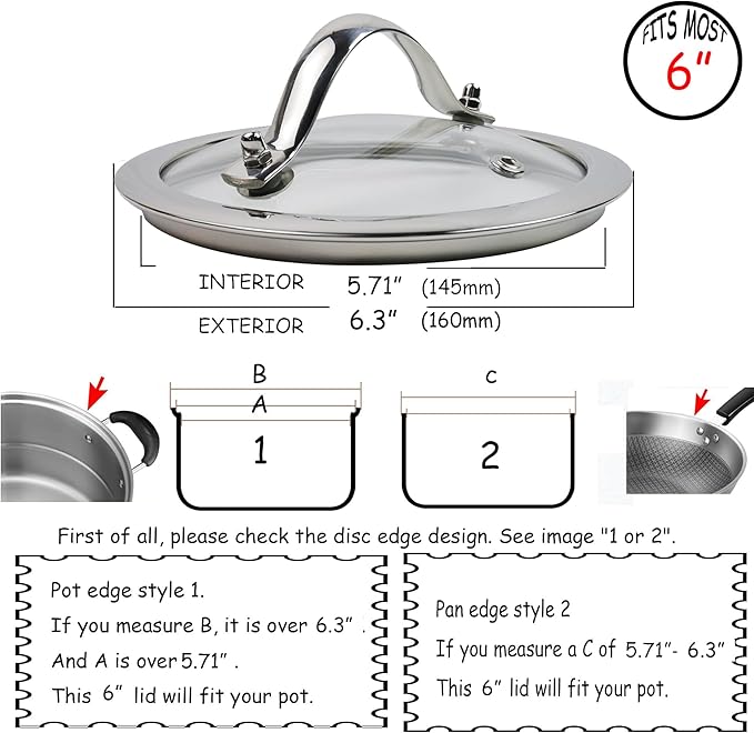 HEVSTIL 6 Inch Tempered Glass Lid for Frying Pans - Vented Skillet Cover with Stainless Steel Handle
