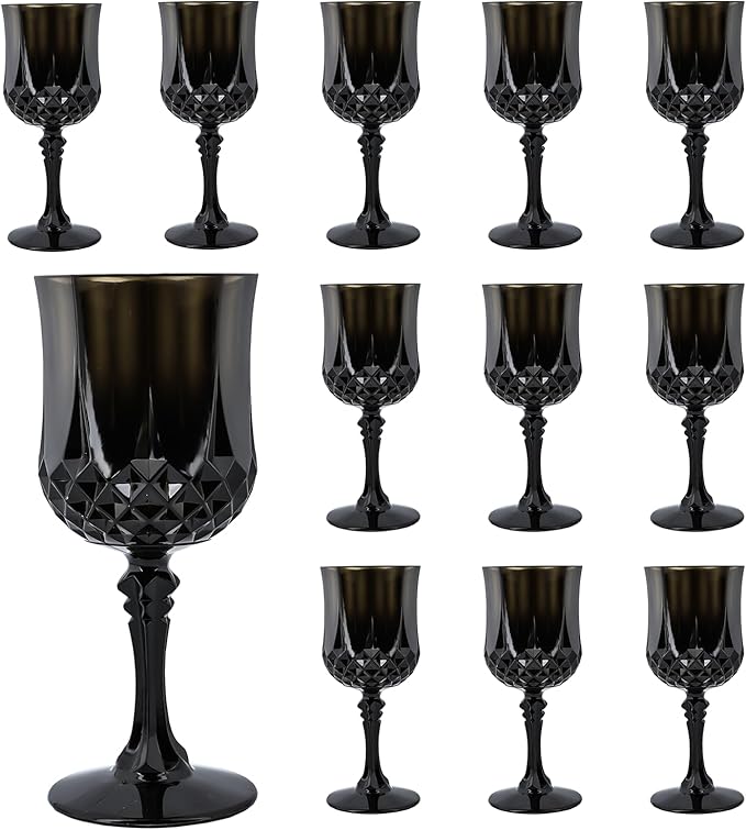 Plastic Wine Glasses, Plastic Goblets Vintage Style Cordial Unbreakable Drinking Glasses, Reusable Drinkware for Wedding Reception, Grand Event Party Supplies (12, Black)