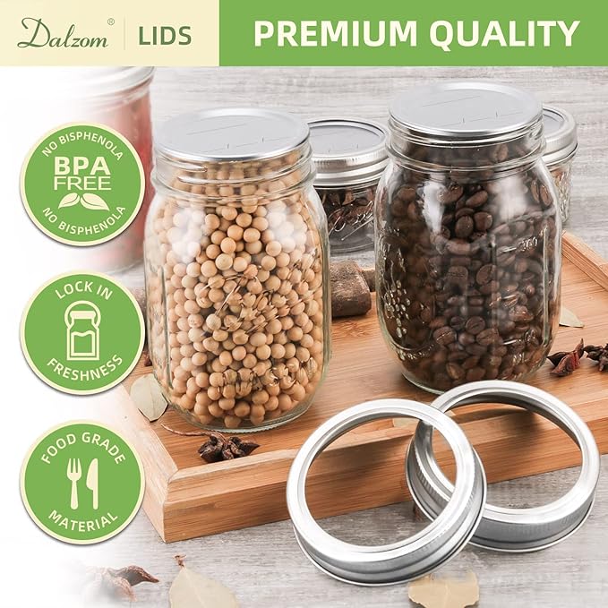 Dalzom® 72Pcs Canning Lids Regular Mouth, Premium Mason Jar Lids for Ball, Kerr Jars - Food Grade Material, 100% Fit & Airtight for Regular Mouth Mason Jars