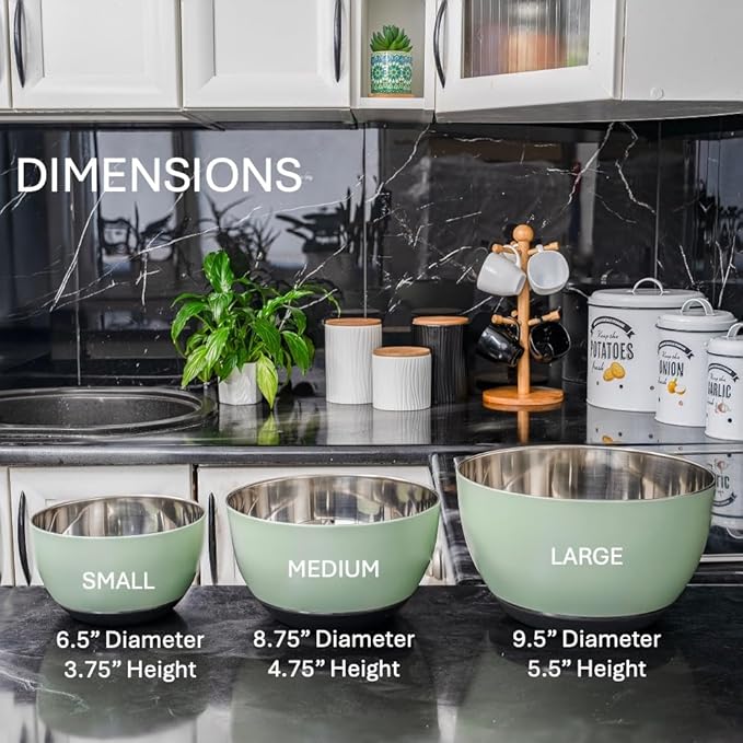 WHYSKO Stainless Steel Mixing Bowls Set of 3 with Non-Slip Silicone Base, Nesting Metal Bowls for Meal Prep, Baking, Cooking & Food Storage, Dishwasher Safe Kitchen Mixing Bowls, Green