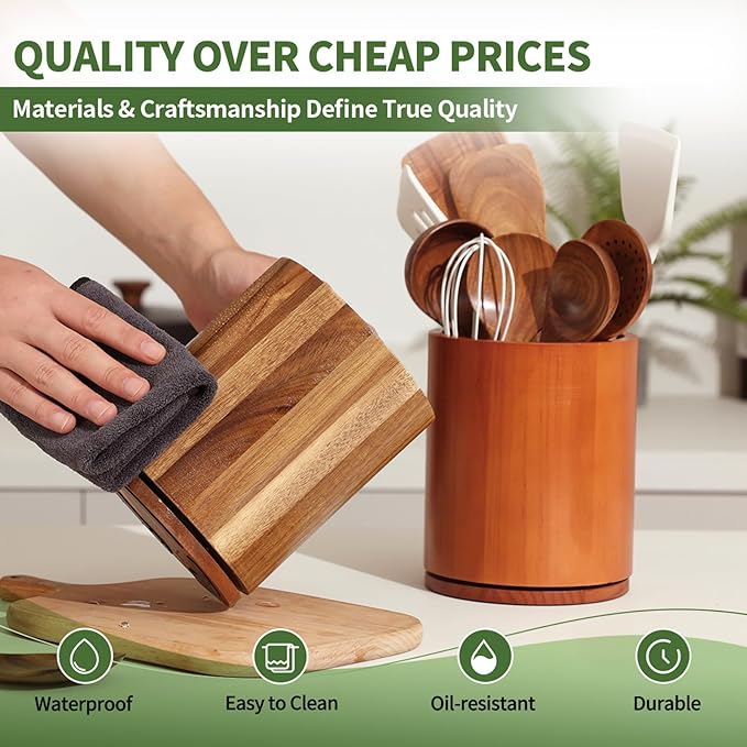 Wooden Utensil Holder, 360°Rotating 7.3'' Large Utensil Holder for Kitchen Counter, Kitchen Utensil Organizer, Utensil Crock, Farmhouse Kitchens Countertop Decor, Distressed White