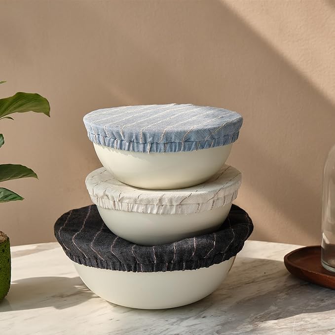 100% Pure Linen Bowl Covers For Bread Proofing, 4 Pcs Elastic Reusable Bowl Covers Large Ticking Striped Cloth Fabric Stretch Sourdough Lids, 6 * 8 * 10 * 12 Inches- Navy Blue
