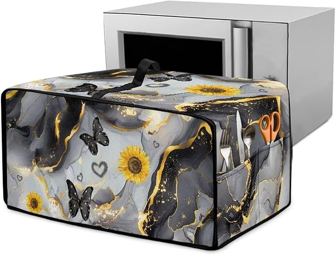 Convection Oven Cover Countertop Appliance Covers Stain-resistant Microwave Oven Protector for Kitchen Home Decor, L, Black Gray Gold Marble Butterfly Sunflower