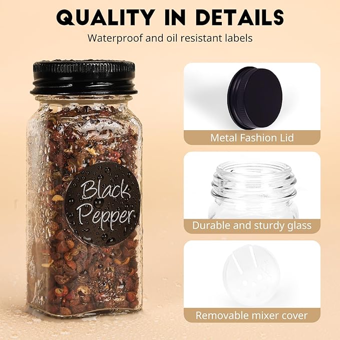 6Pcs Spice Jars with Label, 4oz Empty Square Seasoning Containers, Spice Jars with Shaker Lids, Small Spice Bottles for Salt, Herbs, Sugar, Pepper, Seasoning Jars for Spice Rack, Cabinet, or Drawer