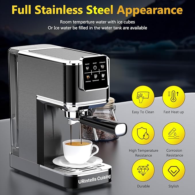 Espresso Machine 20 Bar,Touch Screen Espresso Maker with Steam Milk Frother,Compact Stainless Steel Coffee Machine for Cappuccino Latte Americano Espresso Cool,Gift for Coffee Lovers,Black