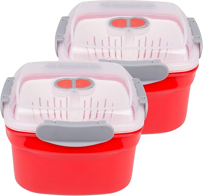 3pc Microwave Cookware Vegetable Steamers (2 pack)- Reusable Meal Prep Food Containers, Store Leftovers-Removable Strainer & Locking Steam Vent Lid- BPA Free, Fridge and Freezer Safe | 1.3 Liters