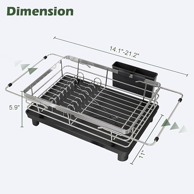 In Sink Dish Drying Rack, Expandable Over The Sink Dish Rack for Small Kitchen, Space Saving Stainless Steel Dish Drainer with Utensil Holder, 14.1"-21.2" L x 11"W, Small Plate Dryer Strainer, Silver