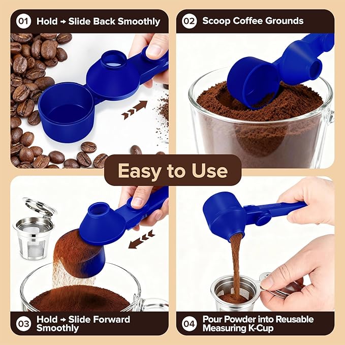 2Pcs Coffee Scoop & Funnel for Reusable K-Cup Pods, 2Tbsp Dosing Spoon, 51mm Espresso Tamper, BPA-Free PCTG, Dishwasher Safe, for Espresso Machines, Coffee/Protein Powder, Blue, 2 Models A&B