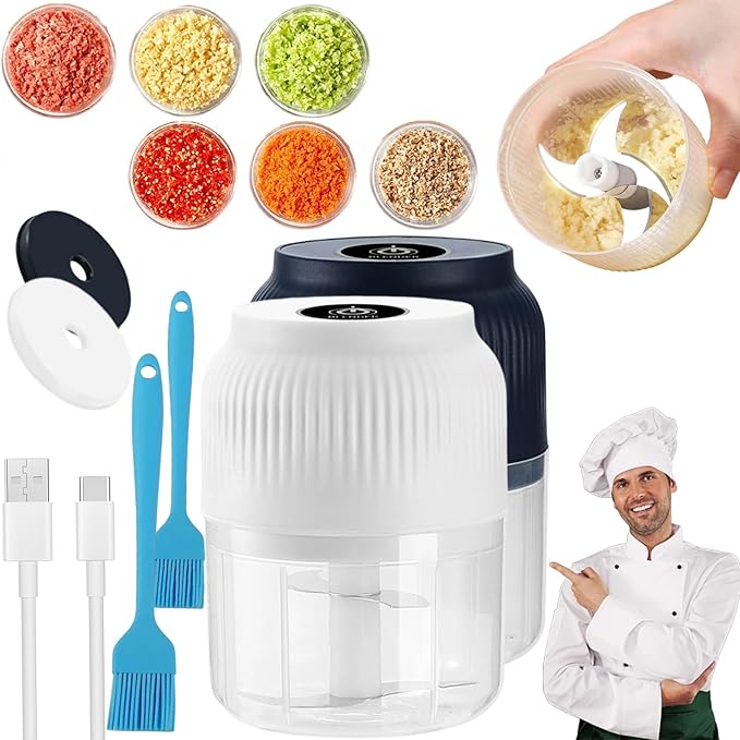 Electric Garlic Chopper, Mini Portable Veggie Cutter, Garlic Grinder Masher Onion Chopper, Quick & Compact, for Ginger, Chili, Fruit, Meat (White+Blue)