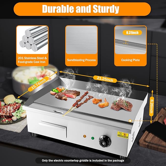 Commercial Electric Countertop Griddle 110v 22" 3000W, Flat Top Grill Hot Plate BBQ, Non-Stick Countertop Teppanyaki Grill for Restaurant Kitchen BBQ Party, 122~572℉Adjustable Temperature Control