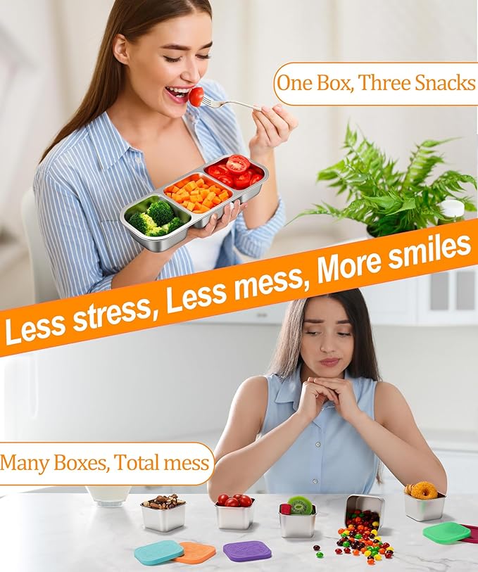 KTKUDY 3 Pack Stainless Steel Snack Containers for Kids & Adults - Large - Leak-Proof 3-Compartment Stackable Snack Lunch Boxes for Daycare, School, Work & Travel