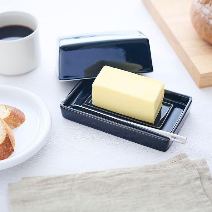 ZERO JAPAN Compact Butter Dish for Countertop, Fits West Coast Butter Sticks (Stubby Size), Ceramic Butter Keeper with Lid, Space-Saving Design, Made in Japan, Jeans Blue
