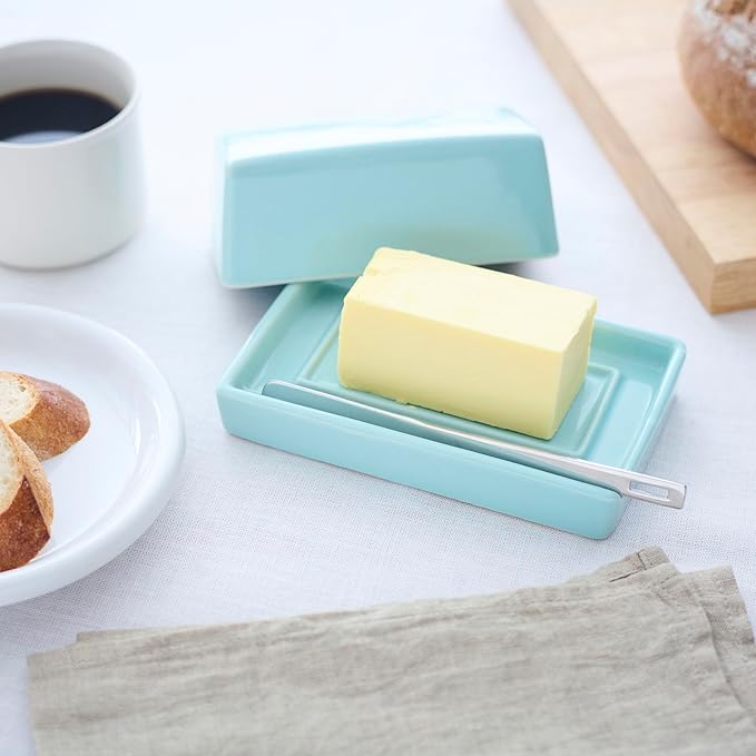 ZERO JAPAN Compact Butter Dish for Countertop, Fits West Coast Butter Sticks (Stubby Size), Ceramic Butter Keeper with Lid, Space-Saving Design, Made in Japan, Aqua Mist