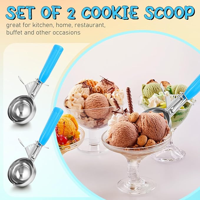 Reallnaive 2 Pcs Release Cookie Scoops Ice Cream Scooper with Trigger Release Portion Scoop Stainless Steel for Portion Control, Baking Food, Cookie Dough (4 oz,Blue)
