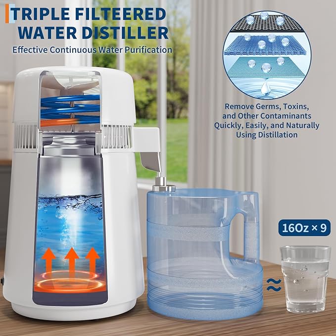 GarveeHome Water Distillers for Home Countertop, 1 gal/4 L Stainless Steel Distilled Water Machine with Glass Container, 750W Desktop Drinking Purifier Filter Distilling Kit