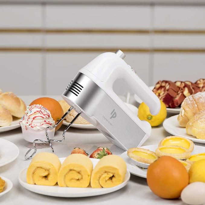 Hand Mixer Electric, 450W Kitchen Mixers with Scale Cup Storage Case, Turbo Boost/Self-Control Speed + 5 Speed + Eject Button + 5 Stainless Steel Accessories, For Easy Whipping Dough, Cream, White