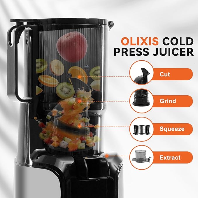 OLIXIS Cold Press Juicer, Masticating Juicer Machines with Wide Feed Chute, High Juice Yield and Easy to Clean for Whole Vegetables & Fruits, Silver