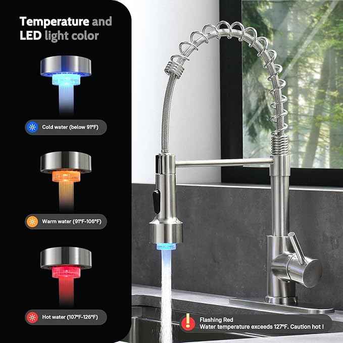 WEWE Kitchen Faucets, Brushed Nickel Kitchen Faucet with Pull Down Sprayer Spring Single Handle Stainless Steel Kitchen Sink Faucet with LED Light Deck Plate for Laundry Rv