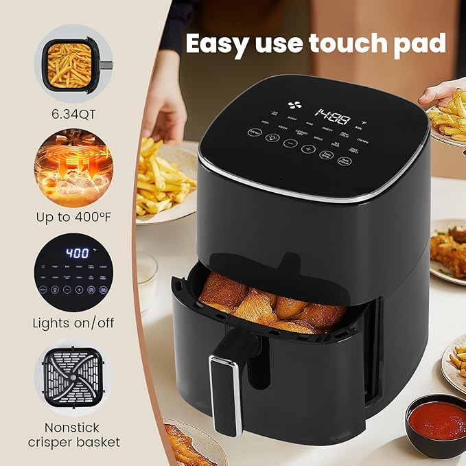 Air Fryer, 6QT Square Airfryer with Visual Window, 400°F Fast Heating Air Fryers Oven with Timer, Auto-Off, Non Toxic & Non Stick, Multiple 12 Modes for Roast, Bake, Dehydrate, Fry, Reheat