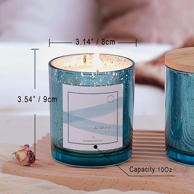 LAMORGIFT 12 Pack Glass Candle Jars with Lids (Lake Blue) - 10 OZ Candle Making Jars - Candle Containers for Making Candles - Mercury Glass Candle Jars Include 12 Pcs Candle Labels.
