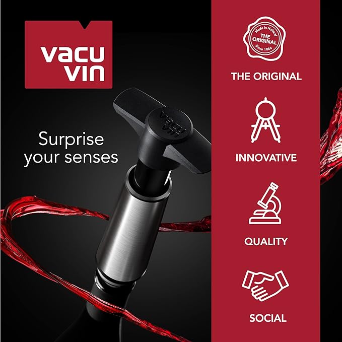 Vacu Vin Wine Saver Pump Black with 8 Vacuum Stopper Grey - Airtight Seal for Opened Bottles to Preserve the Freshness Up to 10 Days - Easy to Use Perfect for Every Occasion