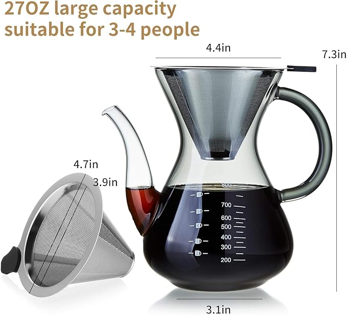 Unbreakable - Pour Over Coffee Maker with Double Stainless Filter 27 fl oz, Thickened Heat-Resistant Borosilicate Glass Pour Over Coffee Dripper, Stovetop Safe