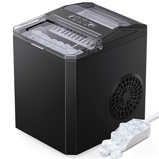 Countertop Ice Maker, 9 Cubes Ready in 6 Mins, 26lbs in 24Hrs, Self-Cleaning Ice Machine with Ice Scoop and Basket, 2 Sizes of Bullet Ice for Home Kitchen Office Bar Party, Black