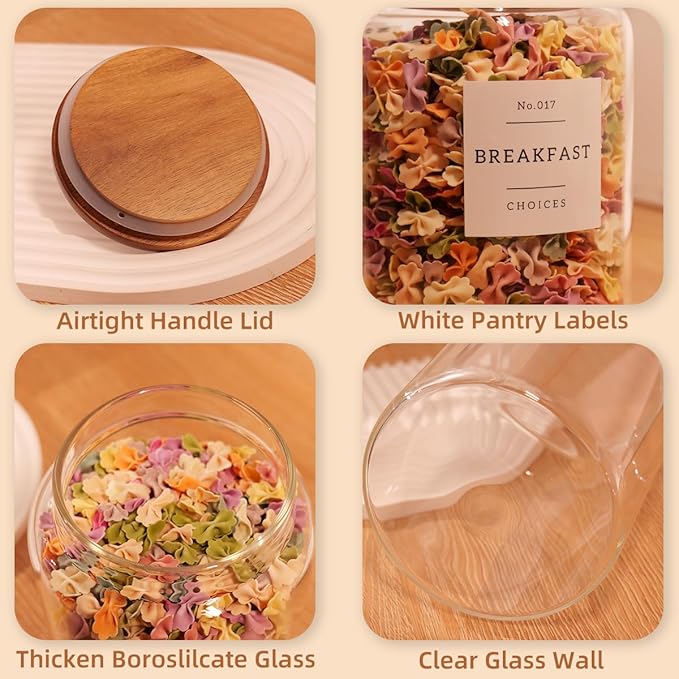 2 Pack Large Glass Flour and Sugar Containers with 132 Pantry Labels - 64 FL OZ Glass Canisters with Bamboo Airtight Lids - Farmhouse Glass Cookie Jars for Rice, Pasta, Cereal, Bath Salt