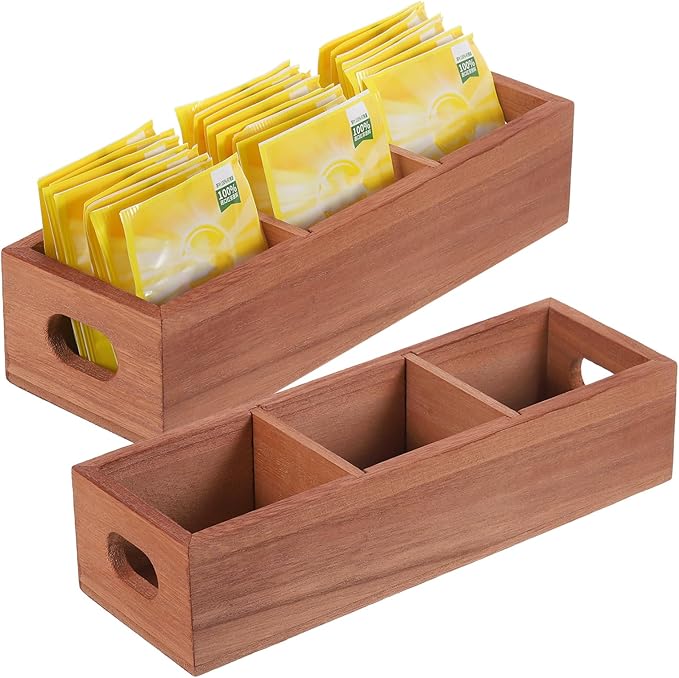 uxcell Tea Bag Organizer, 3 Compartments Wood Tea Box with Handle, Tea Storage Organizer Holder for Tea Bags, Beverage Supplies Sugar Packet, Wood Color
