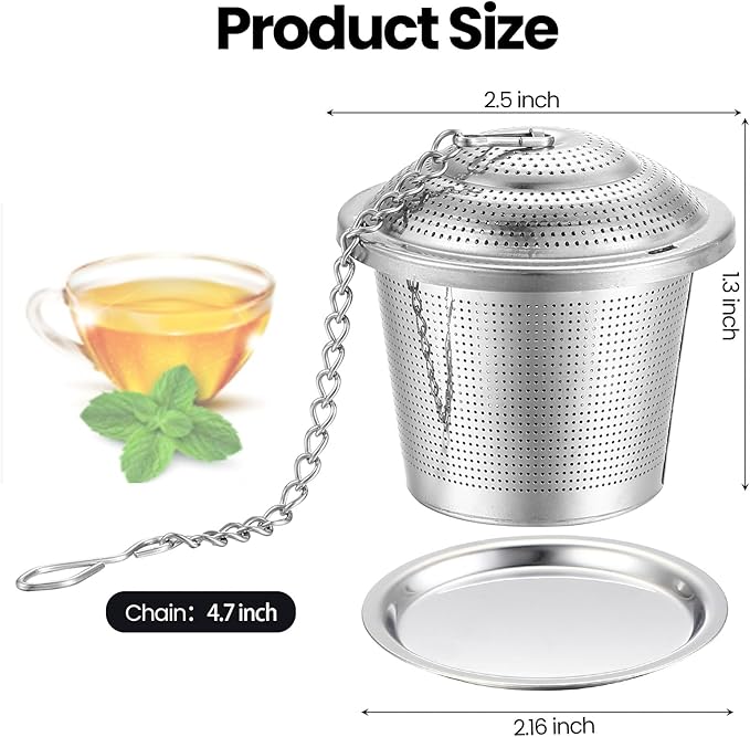 Zopeal 9 Pcs Tea Infuser Stainless Steel Strainer with Extended Chain Hook and Saucer Loose Leaf Steeper Fine Mesh Ball Tea Filter for Brew Spices Seasonings Fits Cup Mug Bottle (Large)